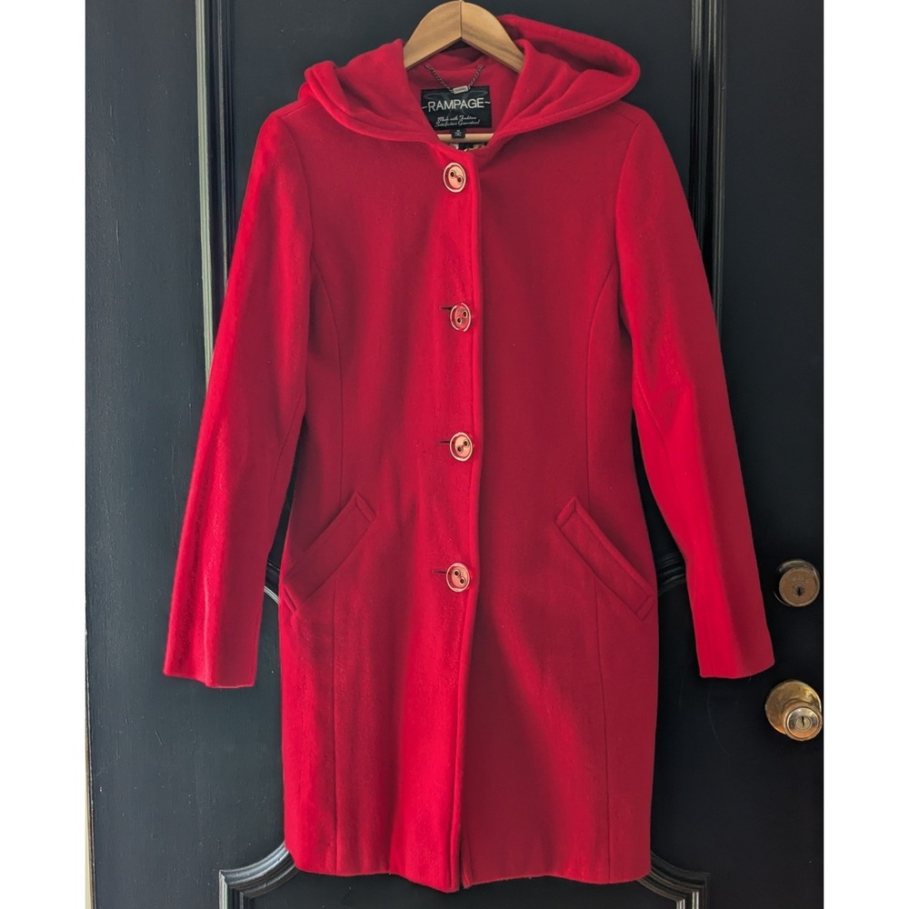 Rampage Red‎ Hooded Wool Blend Coat Fitted Waist Princess Seams Womens Sz M Y2K